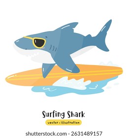 Cute Shark surfing on surfboard with ocean wave vector illustration