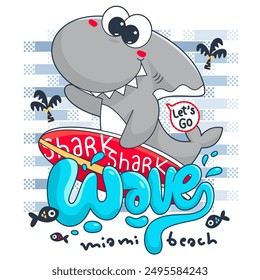 Cute shark surfing on a wave, Funny hand drawn characters for kids, Vector cartoon illustration.
