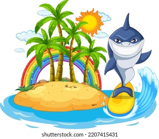 Cute shark surfing in summer holiday illustration