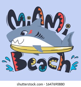 Cute shark surfing with text "miami beach" on isolated background illustration vector.