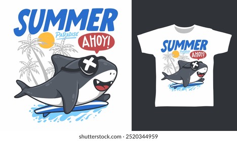 Cute Shark Surfing Vector Illustration T-shirt Designs.