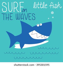 cute shark surfing vector illustration