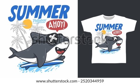 Cute Shark Surfing Vector Illustration T-shirt Designs.
