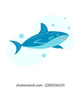 A cute shark surrounded by water bubbles swims in the ocean. Isolated vector illustration in flat style