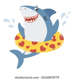 Tiburón lindo que nada en el círculo de baño inflable. Ilustración vectorial plana en estilo infantil simple sobre fondo blanco.