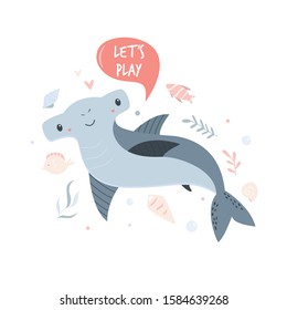 Cute shark swimming in ocean. Poster with adorable character. For invitations, baby showers, decor for children's bedroom, t-shirt print