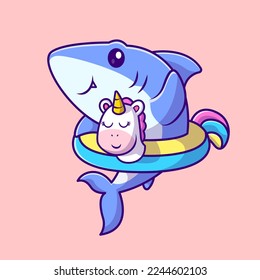 Cute Shark Swimming With Unicorn Tires Cartoon Vector Icon Illustration. Animal Holiday Icon Concept Isolated Premium Vector. Flat Cartoon Style