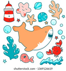 Cute shark swims amicably among sea plants and animals, funny kawai illustration