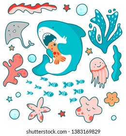 Cute shark swims in the sea and eats fish, fun illustration in kawaii style