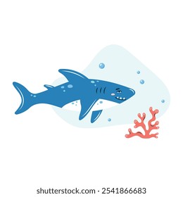 Cute shark swims in the sea underwater. Poster with shark on white background. Character in children's style. Vector illustration.