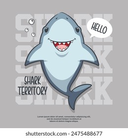 Cute Shark Territory On Grey Background. Cartoon Illustration