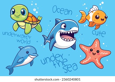 Cute shark, turtle, dolphin, fish, starfish in sea nature background. Sea and ocean animals vector cartoon of underwater inhabitants.
