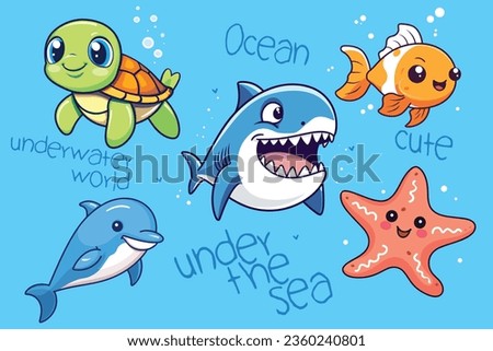 Cute shark, turtle, dolphin, fish, starfish in sea nature background. Sea and ocean animals vector cartoon of underwater inhabitants.

