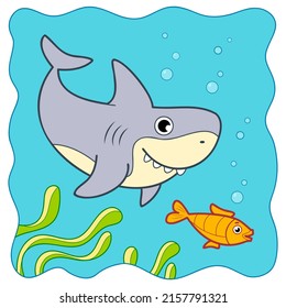 Cute Shark Underwater Cartoon. Shark Clipart Vector Illustration