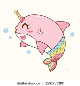 Cute shark Unicorn mermaid cartoon hand drawn with pastel colors