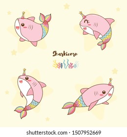 Cute shark Unicorn mermaid cartoon hand drawn with pastel colors. Collection