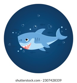 Cute shark Vector illustration of sea animals on a blue background with bubbles and hearts.