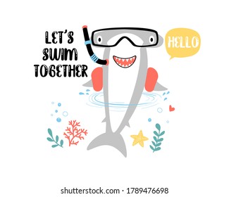 Cute shark vector illustration for t-shirt design with slogan. Vector illustration design for fashion fabrics, textile graphics, prints.