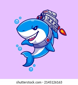 Cute Shark Wearing Jetpack Turbo Machine Cartoon Vector Icon Illustration. Animal Technology Icon Concept Isolated Premium Vector. Flat Cartoon Style