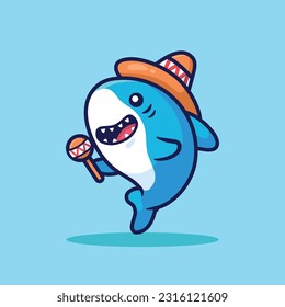 Cute shark wearing a mexican hat and holding a maracas cartoon vector illustration