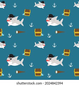 cute shark wearing pirate hat with anchor and treasure chest fabric seamless cute pattern