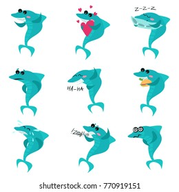 Cute sharks cartoon characters set, funny fish in different poses showing different emotions vector Illustrations