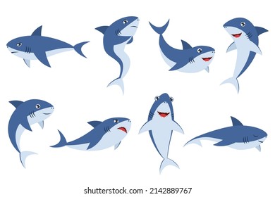 Cute sharks in different poses cartoon illustration set. Baby underwater animal laughing, sleeping, swimming, smiling, being sad, scared and angry on white background. Marine animal, fish concept