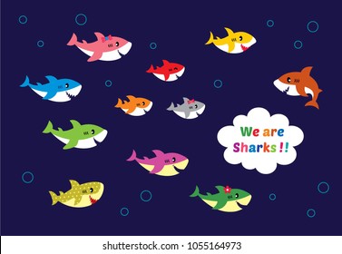 cute sharks family vector. cute shark cartoon vector.