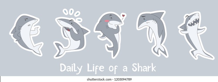 Cute sharks illustration with fun inscription "daily life of a shark". Vector illustration