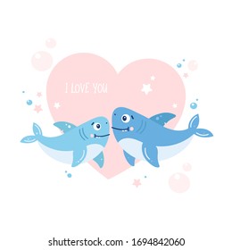 Cute sharks on the background of the heart. Couple in love. Blue fish. Marine theme. Vector illustration isolated on white. Printing on a postcard, poster, clothes.