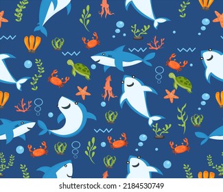 cute sharks pattern. cartoon shark, seaweed print. Sea wildlife, underwater world vector 