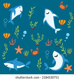 cute sharks pattern. cartoon shark, seaweed print. Sea wildlife, underwater world vector 