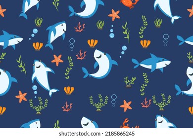 cute sharks pattern. cartoon shark, seaweed print. Sea wildlife, underwater world vector 