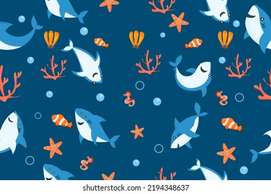 cute sharks pattern. cartoon shark, seaweed print. underwater world vector seamless texture