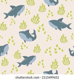 
Cute sharks. Seamless vector illustration. Wallpaper, background, children's room, cute,silhouette