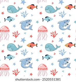 Cute Sharks, Whales, Jellyfish, and Fish Seamless Pattern, Vector Illustration for Kids Fashion, Stationery, T-shirt, Textile Prints, and Wallpapers