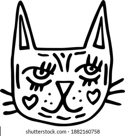 Cute sharp-eared big-eyed cat with heart-shaped cheeks in  cartoon style. Vector clipart for children.