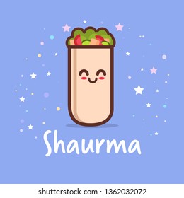 cute shaurma burrito cartoon comic character with smiling face tasty wrapped fastfood with vegetables and beef happy emoji kawaii style classic fast food concept