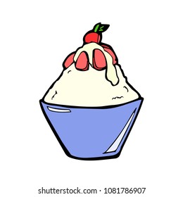 cute shaved ice or bingsu with strawberry and whip cream cartoon object on white background, vector doodle art