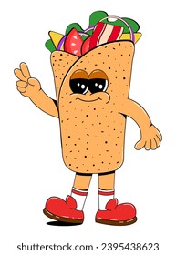 Cute shawarma character in retro cartoon style.Doner kebab mascot with a happy face expression. Burrito, fast food joyful funny emoticons vector illustration on white isolated background.