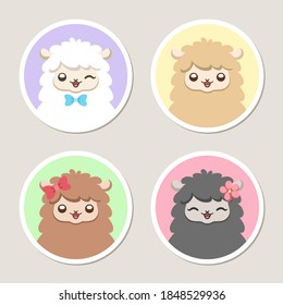 Cute sheep, alpaca, llama animal cartoon characters with different colors and happy facial expressions, set of 4. Simple flat sticker, patch, badge, pin, emblem vector illustration design.