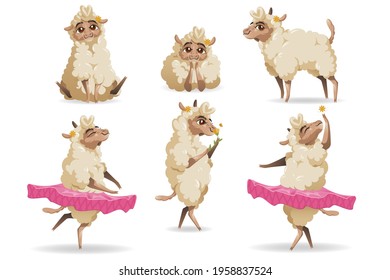 Cute sheep animal cartoon set. Little fluffy lamb mascot with cute face and flower on ear wear tutu, dance ballet, funny character enjoying life, sniff blossom, relax isolated on white background