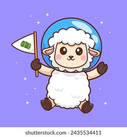 Cute Sheep Astronaut Holding Grass Flag In Space Cartoon Vector Icon Illustration. Animal Science Icon Concept Isolated Premium Vector. Flat Cartoon Style