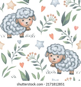 Cute sheep baby seamless pattern. Animal and flowers background, pastel watercolor effect. Vector illustration