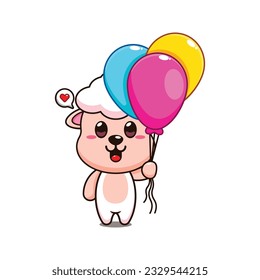 cute sheep with balloon cartoon vector illustration.