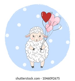 Cute sheep with balloons. Vector illustration for kids. Suitable for Birthday cards, t-shirt print, posters.