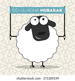 Cute sheep with banner on seamless islamic wallpaper pattern for muslim community festival of sacrifice Eid-ul-Adha