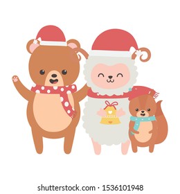 cute sheep bear and squirrel with scarf bell merry christmas vector illustration