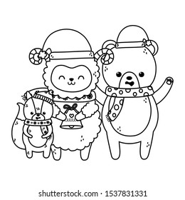 cute sheep bear and squirrel with scarf bell merry christmas vector illustration thick line