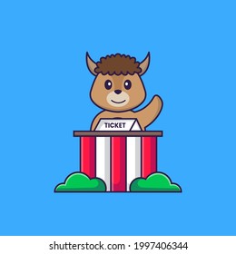 Cute sheep is being a ticket keeper. Animal cartoon concept isolated. Can used for t-shirt, greeting card, invitation card or mascot.